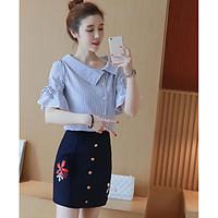 Women\'s Casual/Daily Simple Shirt Skirt Suits, Striped Print Stand ½ Length Sleeve Micro-elastic