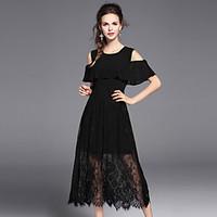 Women\'s Going out Casual/Daily Party Sexy Lace Dress, Solid Round Neck Midi Short Sleeve Polyester Spandex Summer Mid Rise Inelastic Medium