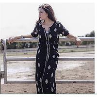 Women\'s Going out Beach Vintage Boho Bodycon Dress, Floral Embroidered Round Neck Maxi ½ Length Sleeve Cotton Polyester Spring FallMid