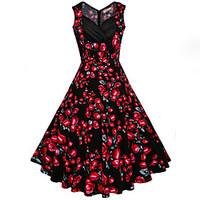 Women\'s Going out Holiday Vintage Swing Dress, Floral V Neck Midi Sleeveless Cotton Summer Mid Rise Inelastic Medium