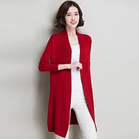 Women\'s Casual/Daily Street chic Regular Cardigan, Solid Red / Yellow V Neck Long Sleeve Wool Fall Medium