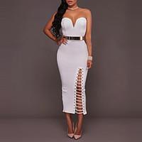 womens party club sexy simple bodycon dress solid strapless midi sleev ...