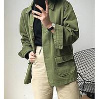 Women\'s Daily Cute Spring Denim Jacket, Solid Shirt Collar Long Sleeve Regular Cotton