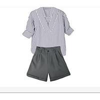 Women\'s Casual/Daily Simple Summer T-shirt Pant Suits, Striped V Neck Short Sleeve Inelastic