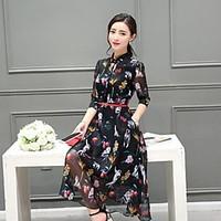 Women\'s Casual/Daily Simple Swing Dress, Floral Stand Midi ½ Length Sleeve Polyester Spring Mid Rise Micro-elastic Medium