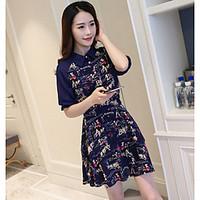 Women\'s Going out Casual/Daily A Line Dress, Solid Shirt Collar Knee-length ¾ Sleeve Polyester Summer Mid Rise Micro-elastic Medium