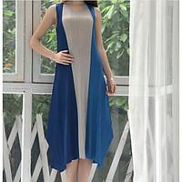 Women\'s Going out Swing Dress, Solid Color Block Round Neck Midi Sleeveless Polyester Summer Mid Rise Micro-elastic Medium