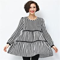 Women\'s Fine Stripe Plus Size / Casual/Daily Simple / Street chic Loose DressStriped Round Neck Above Knee Long Sleeve