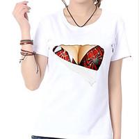 Women\'s Plus Size / Club Sexy Summer T-shirt, Print Round Neck Short Sleeve White Cotton / Polyester Thin