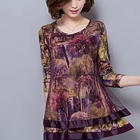 Women\'s Plus Size / Casual Street chic Fall Loose Fashion Blouse Shirts, Print Mesh Long Sleeve Brown / Purple Chiffon