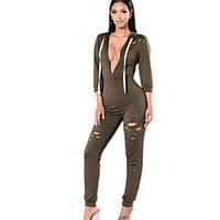 Women\'s Slim JumpsuitsCasual/Daily / Club Sexy / Simple Solid Cut Out Hooded Long Sleeve Mid Rise Micro-elastic Spring / Fall