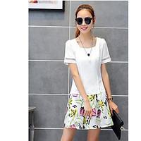 Women\'s Going out Simple Summer T-shirt Skirt Suits, Solid Round Neck Short Sleeve Micro-elastic