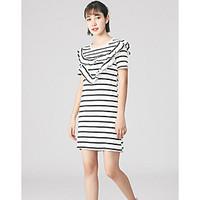 Women\'s Casual/Daily Bodycon Dress, Striped Round Neck Above Knee Short Sleeve Cotton Summer Mid Rise Micro-elastic Thin