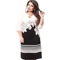 womens round neck plus size foral print sheath knee length dress