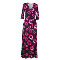 Women\'s Casual/Daily Street chic Sheath Dress, Print V Neck Maxi ¾ Sleeve Pink Cotton / Polyester All Seasons Mid Rise Micro-elastic Thin