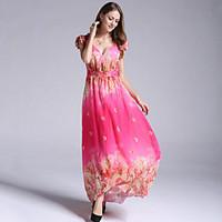 Women\'s Boho Holiday / Plus Size Boho Chiffon Dress, Print Deep V Maxi Sleeveless Red Polyester Summer