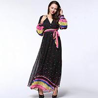 Women\'s Boho Beach / Plus Size Boho Chiffon Dress, Polka Dot Deep V Maxi Long Sleeve Black Polyester Summer