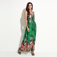 Women\'s Boho Holiday / Plus Size Boho Chiffon Dress, Floral Round Neck Maxi Sleeveless Green Polyester Summer