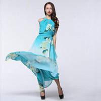 womens holiday plus size boho chiffon dress print round neck maxi slee ...