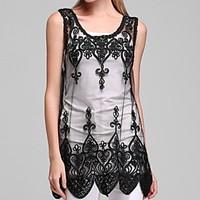 Women\'s Lace Casual/Daily Simple Summer Tanks, Embroidered U Neck Sleeveless White/Black Cotton/Acrylic Thin