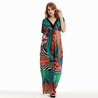 Women\'s Boho Holiday / Plus Size Boho Swing Dress, Print Asymmetrical Maxi Sleeveless Green Cotton / Polyester Summer