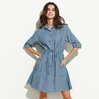 Women\'s Fine Stripe Casual/Daily Street chic Fall Shirt, Striped Shirt Collar Long Sleeve Blue / White / Gray Cotton / Linen Thin
