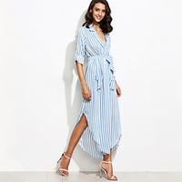 Women\'s Fine Stripe Holiday Vintage Chiffon DressStriped Deep V Maxi Long Sleeve Blue Polyester Fall High Rise Inelastic Thin