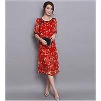 Women\'s Going out Casual/Daily Sexy A Line Dress, Geometric Round Neck Midi ½ Length Sleeve Silk Summer Mid Rise Micro-elastic Thin