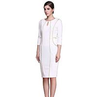 Women\'s Casual/Daily / Work Sophisticated Sheath Dress, Solid Round Neck Knee-length Long Sleeve White Cotton / Polyester / SpandexSpring