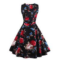 Women\'s Casual/Daily Vintage / Street chic Plus Size Pleated Swing DressFloral Round Neck Above Knee Sleeveless