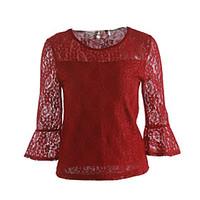 Women\'s Lace Casual/Daily Sexy Spring Blouse, Solid Round Neck ¾ Sleeve Red / White / Black / Green Nylon / Spandex Translucent