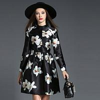 Women\'s Plus Size / Going out Vintage / Simple Sheath DressFloral Stand Above Knee Long Sleeve Black Polyester