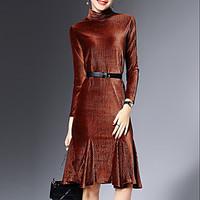 Women\'s VelvetRuffle Going out Sophisticated Sheath Dress, Solid Crew Neck Knee-length Long Sleeve Brown / Green Polyester Fall / Winter Mid Rise