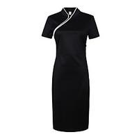 Women\'s Casual Simple Skater DressSolid V Neck Midi Short Sleece Black Cotton Summer Chinoiserie Mid Rise Inelastic Medium
