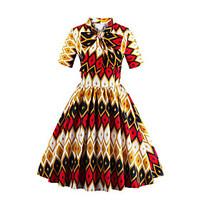 Women\'s Plus Size Vintage A Line Dress, Print Stand Knee-length Short Sleeve Multi-color Cotton All Seasons Mid Rise Micro-elastic Medium