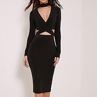 Women\'s ChokerCut Out Casual / Club Solid / Sexy Bodycon Cut Out Slim DressSolid V Neck Midi Long Sleeve Spring / Fall Mid Rise Micro-elastic Medium