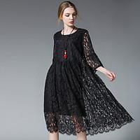 Women\'s Plus Size Going out Casual/Daily Sexy Simple Cute Loose Shift Dress, Solid Round Neck Knee-length ½ Length Sleeve Polyester Lace