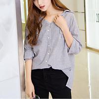 Women\'s Fine Stripe Casual/Daily Simple Summer / Fall Shirt, Striped Shirt Collar Long Sleeve Blue / Black Polyester Medium
