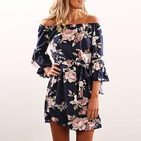 Women\'s Going out Casual/Daily Club Sexy Vintage Boho Flare Sleeve Slim Backless Sheath DressFloral Boat Neck Asymmetrical Sleeve High Rise