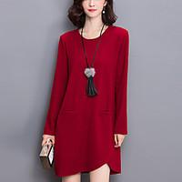 Women\'s Plus Size / Casual/Daily Street chic Loose /Sweater Dress Solid Asymmetrical Red / Black Fall /Winter Cotton /Polyester