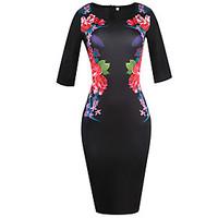 Women\'s Going out Holiday Vintage Street chic Slim Elastic Plus Size Sheath Pencil DressFloral Round Neck Knee-length Length Sleeve Spring FallMid