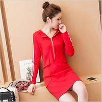 Women\'s Casual/Daily Cute Bodycon Dress, Solid Hooded Midi Long Sleeve Red Black Rayon Spring Mid Rise Micro-elastic Medium