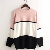 Women\'s Casual/Daily Simple / Cute Regular Pullover, Striped / Color Block Pink / Yellow Round Neck Long Sleeve Cotton