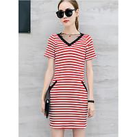 Women\'s Casual/Daily T Shirt Dress, Striped V Neck Above Knee Short Sleeve Cotton Summer Mid Rise Micro-elastic Thin