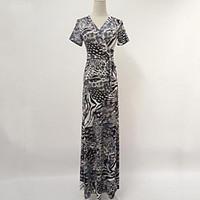 Women\'s Boho Casual/Daily / Plus Size Boho / Street chic Swing Dress, Print V Neck Maxi Short Sleeve Gray Cotton Summer