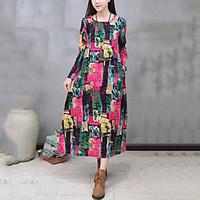 Women\'s Casual/Daily Street chic Chinoiserie Loose Dress Print Round Neck Maxi Long Sleeve Red Cotton /Linen Spring /Fall