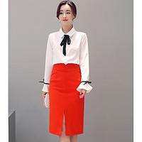 Women\'s Casual/Daily Simple Summer Blouse Skirt Suits, Solid Shirt Collar 3/4 Length Sleeve