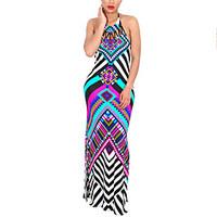 Women\'s Going out Club Holiday Sexy Vintage Boho Backless Cut Out Bodycon DressStriped Geometric Halter Maxi Sleeveless Spring Summer High Rise