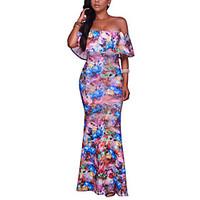 Women\'s Party Club Holiday Sexy Vintage Boho Sheath DressFloral Boat Neck Maxi Short Sleeve Ruffle Backless Grace Spring Summer High Rise
