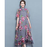 Women\'s Going out Swing Dress, Floral Round Neck Maxi Short Sleeve Others Summer Mid Rise Micro-elastic Medium